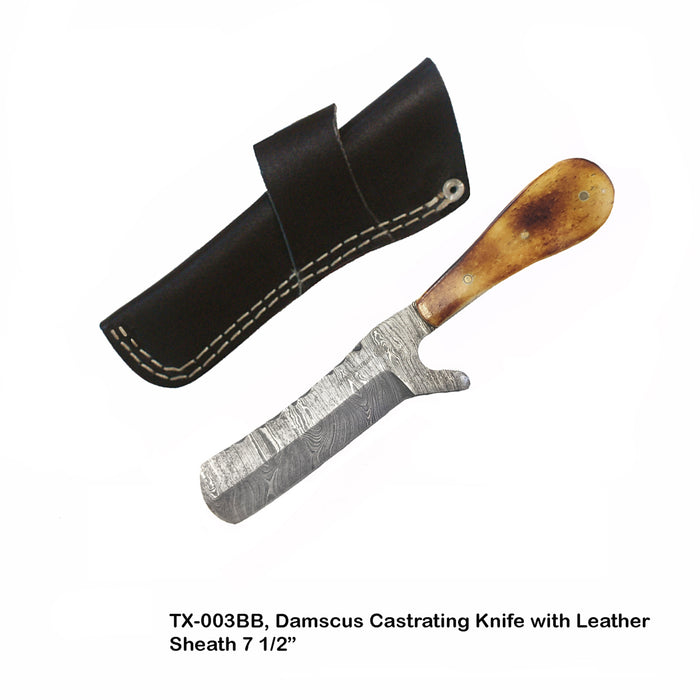 KNIFE, DAMASCUS CASTRATION BURNTBONE GRIP