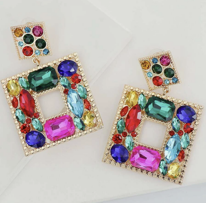 Random Color Rhinestone Decor Square Drop Earrings