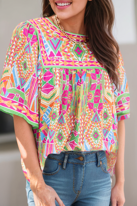 Women Fashion Geometric Print Loose Babydoll Blouse | S-XL