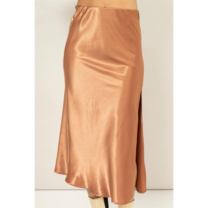 SATIN MIDI SKIRT WITH SIDE SLIT AND HIGH WAIST/BROWN