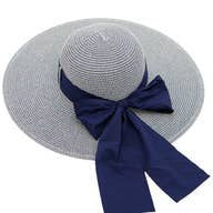 Mixed Grain Straw Satin Ribbon Wide Floppy Sun Hat-WHITE/NAVY BLUE