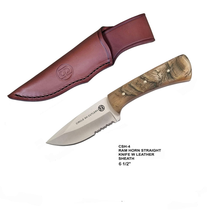 CIRCLE SH KNIFE, STAINLESS STELL BLD/ RAM HORN HANDLE / LTHR SHEALTH