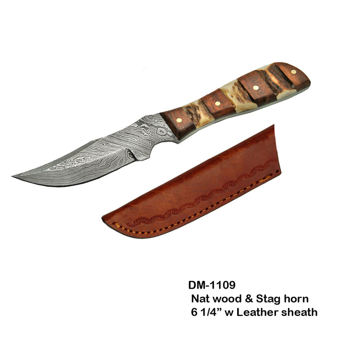 CIRCLE SH KNIFE, 6.25" DAMASCUS MINI STAG WOOD / W SHEALTH