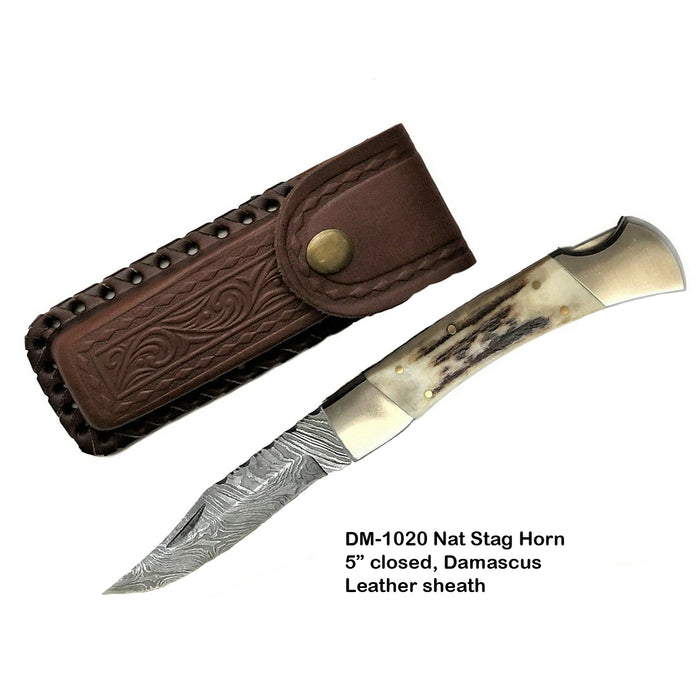 CIRCLE SH KNIFE 5" DAMASCUS STAG SILVER DOUBLEBOLSTERFOLDER HUNTER