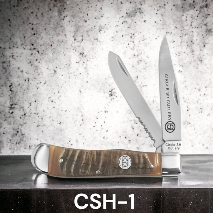 CIRCLE SH KNIFE FOLDER, 4 1/4" CLOSED, RAM HORN SERRATED