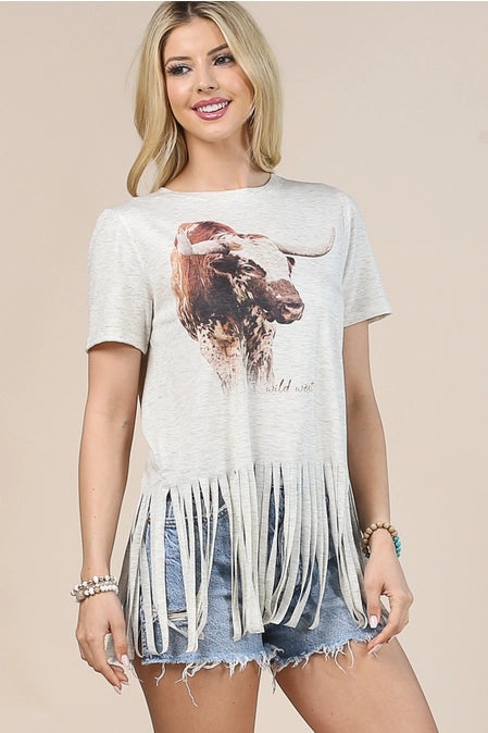 Cow Graphic Short Sleeve Fringe Top