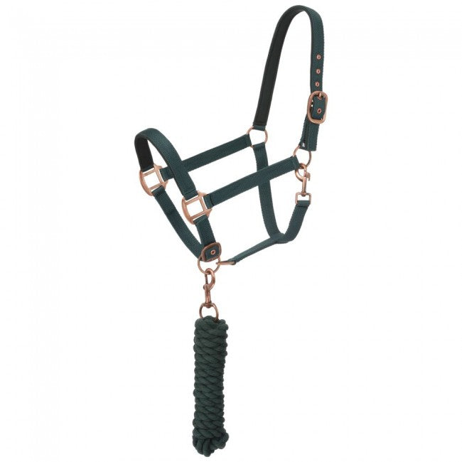 TOUGH1 PADDED HORSE HALTER WITH ANTIQUE HARDWARE AND LEAD ROPE - HUNTER GREEN