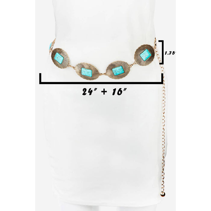 Western Fashion Turquoise Concho Oval Disc Chain Belt-GOLD