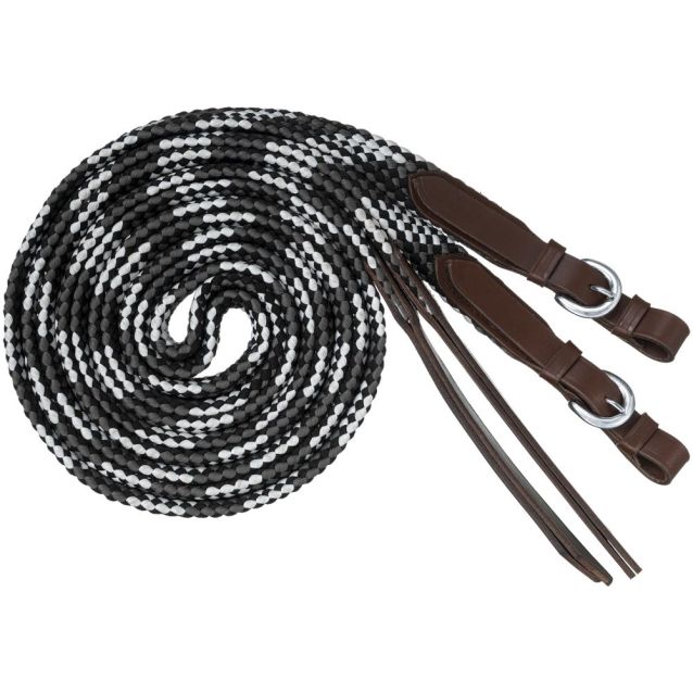 TOUGH1 FLAT BRAIDED SPLIT REINS - BLACK/GREY/WHITE