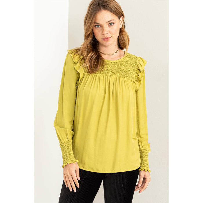 SMOCKED RUFFLE KEYHOLE LONG SLEEVE TOP/LIME GREEN