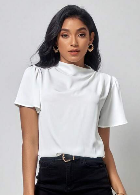 Solid Mock Neck Puff Sleeve Blouse - (M)-6