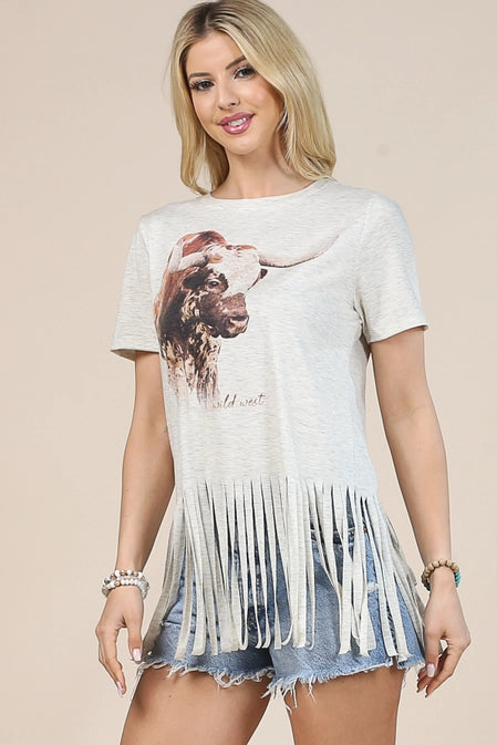 Cow Graphic Short Sleeve Fringe Top