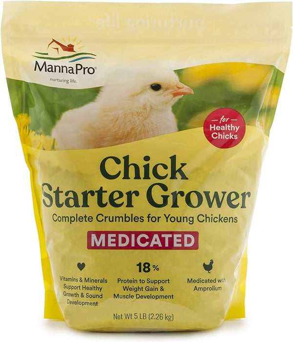 Manna Pro Chick Starter Grower - Medicated Chick Feed Crumble for Young Chickens - 5 lbs