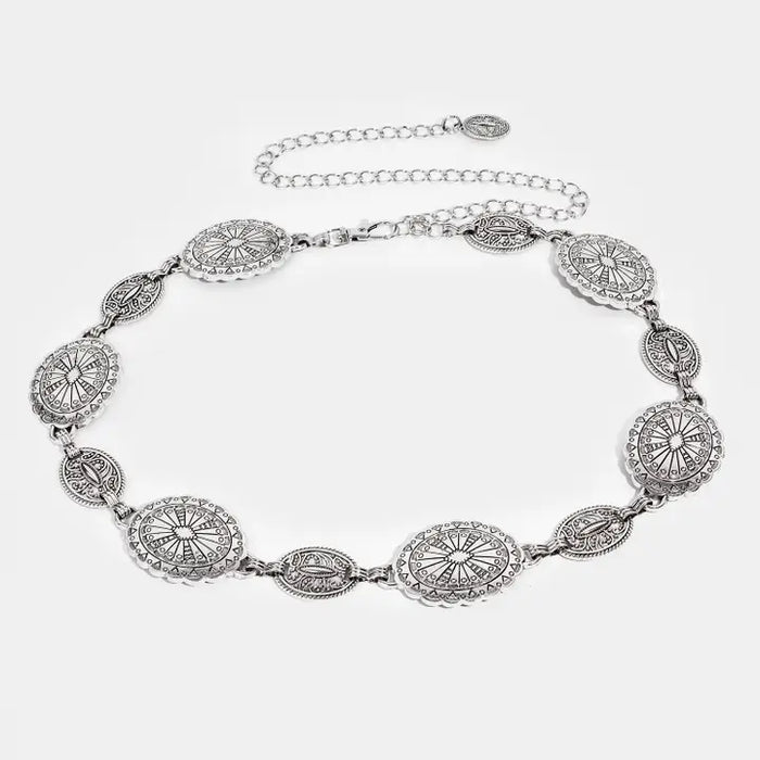 Ornate Oval Disc Chain Fashion Belt-SILVER