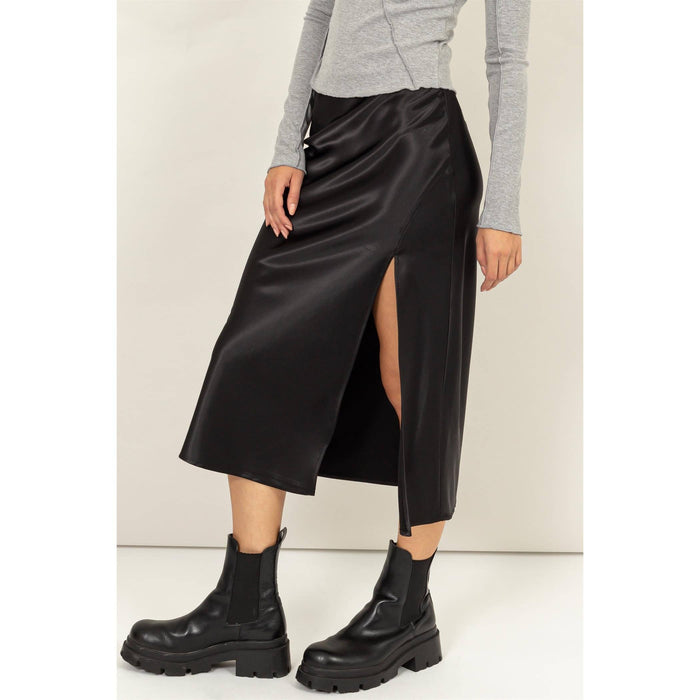 SATIN MIDI SKIRT WITH SIDE SLIT AND HIGH WAIST/BLACK