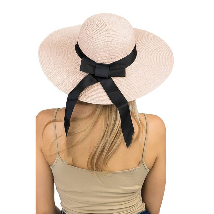 Wide Black Grosgrain Band Decor Floppy Paper Straw Sun Hat-BEIGE