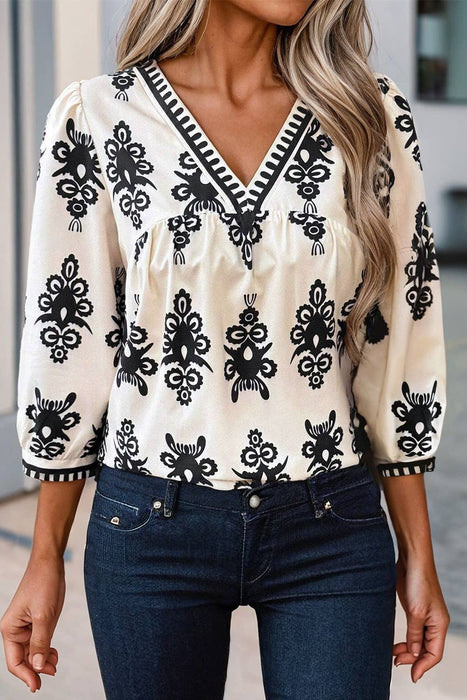 Unique Geometric Print 3/4 Sleeve V Neck Blouse | S-XL