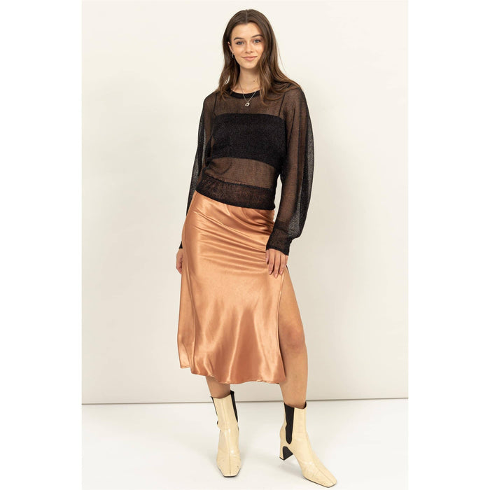 SATIN MIDI SKIRT WITH SIDE SLIT AND HIGH WAIST/BROWN