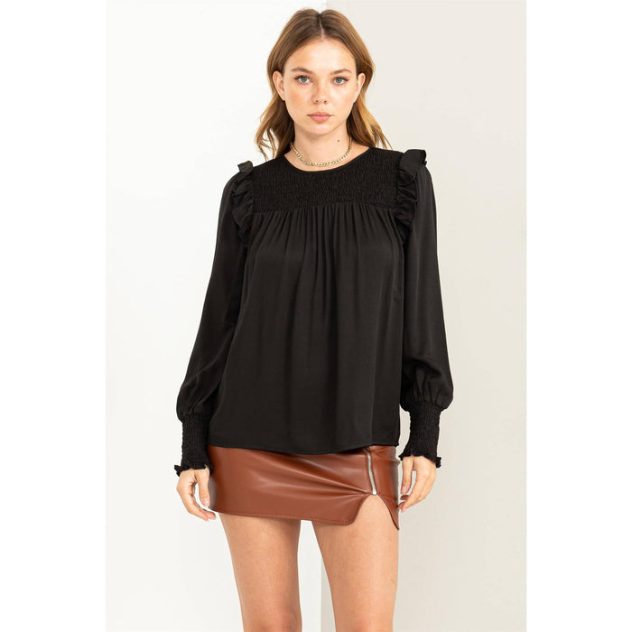 SMOCKED RUFFLE KEYHOLE LONG SLEEVE TOP/BLACK