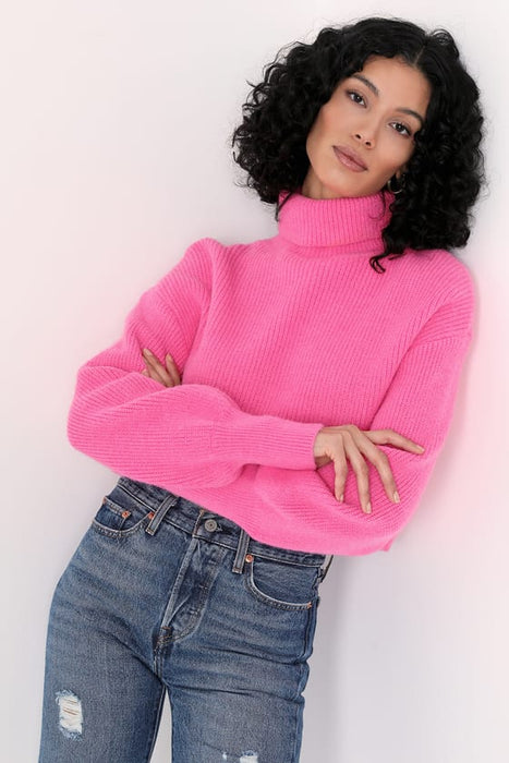 TURTLE NECK LONG SLEEVE SWEATER - HOT PINK- MEDIUM