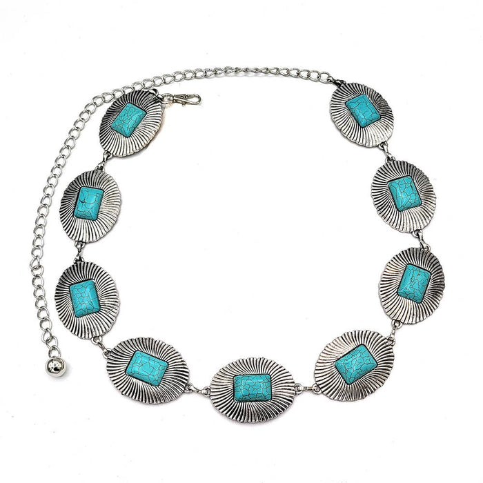 Western Fashion Turquoise Concho Oval Disc Chain Belt-SILVER