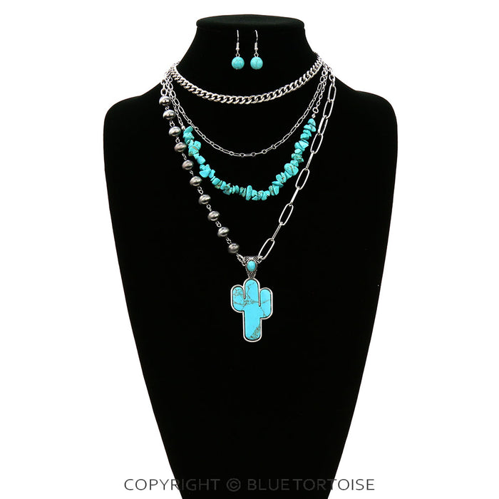 Western Cactus Stone Layered Necklace Set