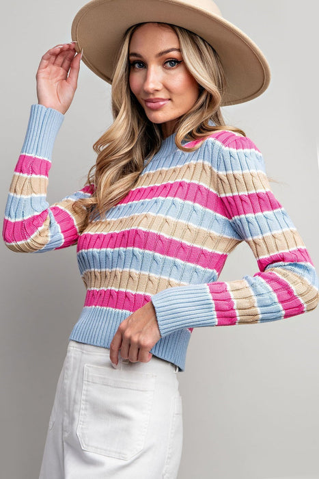 MULTICOLOR KNIT STRIPED SWEATER TOP PALE BLUE