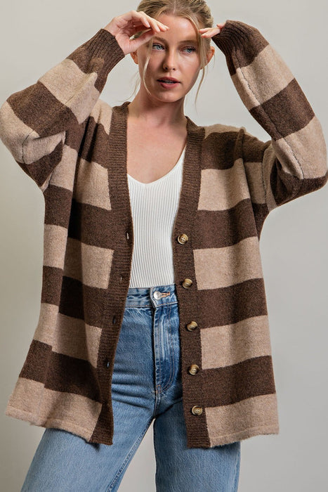 STRIPE BUTTON DOWN CARDIGAN - BROWN - MEDIUM/LARGE