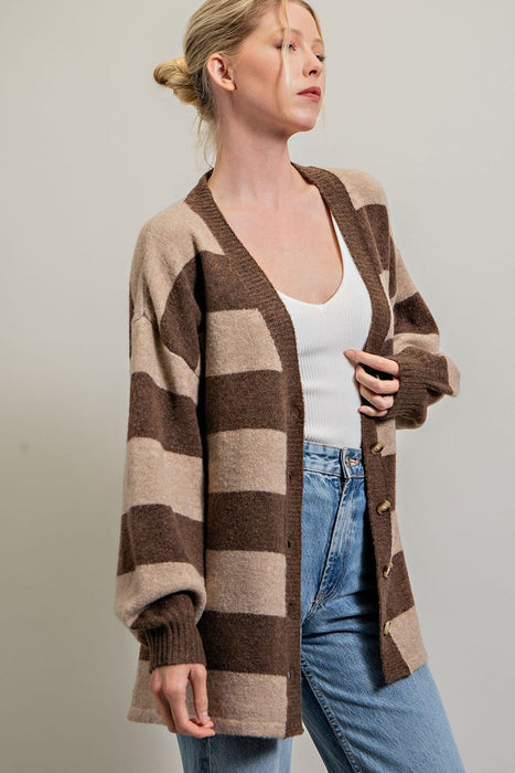 STRIPE BUTTON DOWN CARDIGAN - BROWN - MEDIUM/LARGE