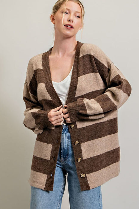 STRIPE BUTTON DOWN CARDIGAN - BROWN - MEDIUM/LARGE