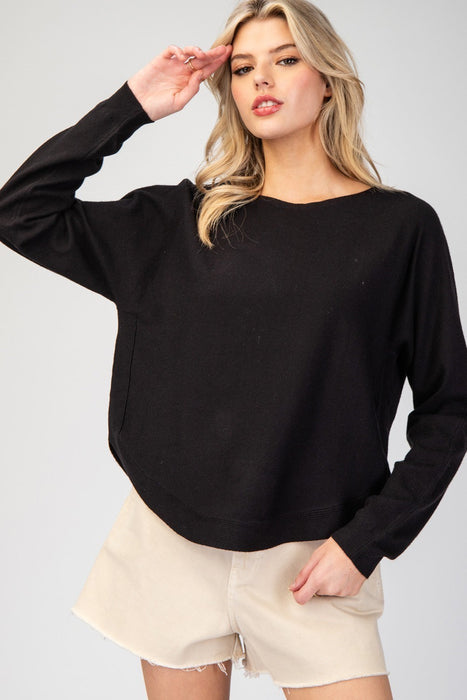 Solid Long Sleeve Sweater Top - MEDIUM- BLACK