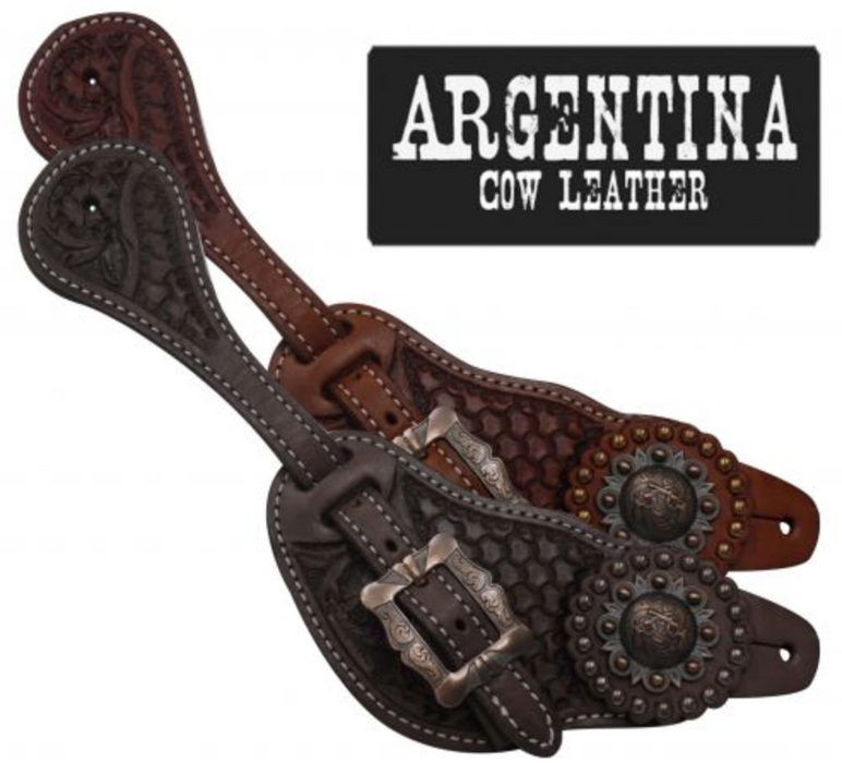 Showman Arg. Cow Leather Mens Spur Straps W/ Crossed Guns Concho