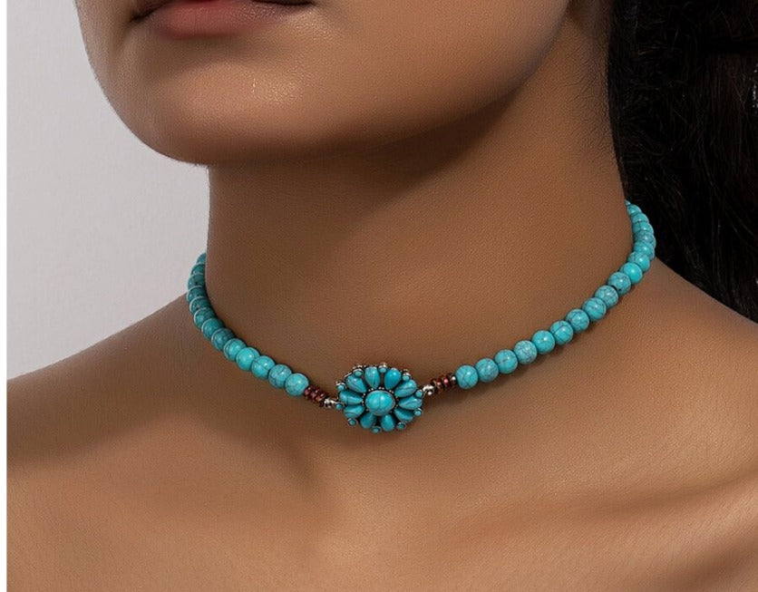 1 Pc Western Turquoise Decor Beaded Choker Necklace for Women