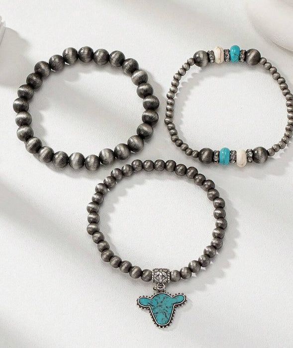 3 Pcs Western Style Turquoise Stone Decor Cow Head Charm Faux Navajo Faux Pearl Stacked Beaded Bracelets Set For Women