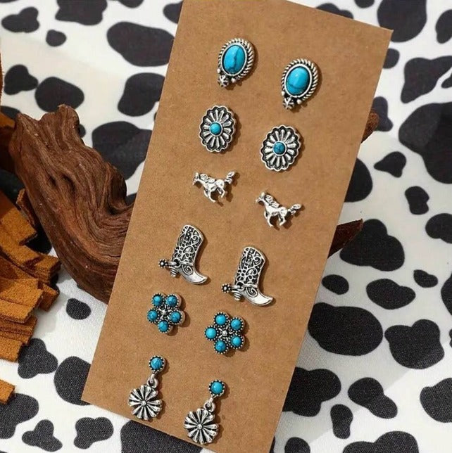 6 Pairs Of Retro Style Western Cowboy Elements Riding Boots Turquoise Cactus Cow Head Flower Peach Heart Large Earrings Women's Earring Set