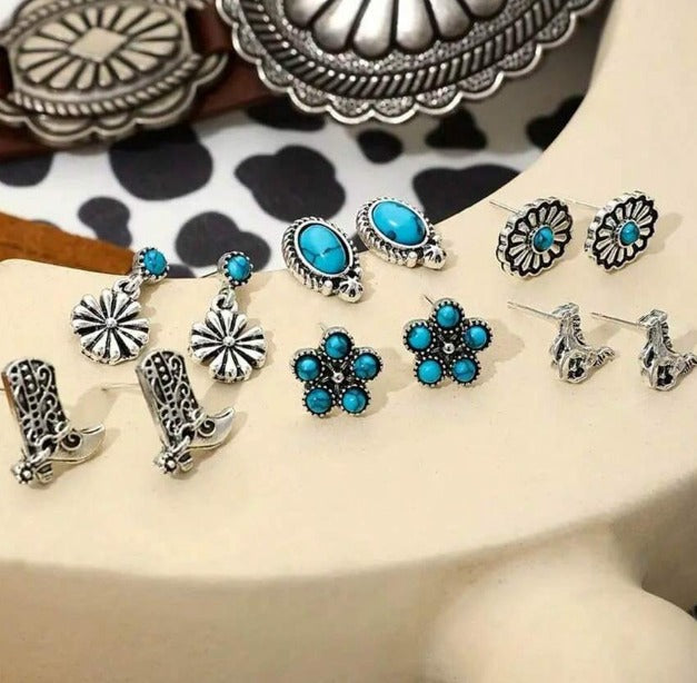 6 Pairs Of Retro Style Western Cowboy Elements Riding Boots Turquoise Cactus Cow Head Flower Peach Heart Large Earrings Women's Earring Set