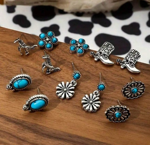 6 Pairs Of Retro Style Western Cowboy Elements Riding Boots Turquoise Cactus Cow Head Flower Peach Heart Large Earrings Women's Earring Set