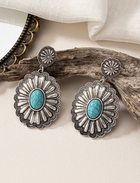 1pair Fashionable Retro Turquoise Earrings For Women, Suitable For Outdoor Parties And Western Style