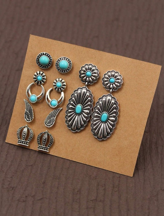 6pairs/Set Western Cowboy Style Metallic Antique Silver Earrings & Ear Studs With Bull, Cactus, Turquoise Design For Women, Girls, Travel Gift