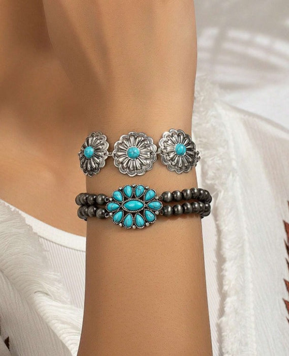 2 Pcs Western Style Turquoise Stone Decor Faux Navajo Faux Pearl Mid-West Concho Beaded Bracelets Set For Women