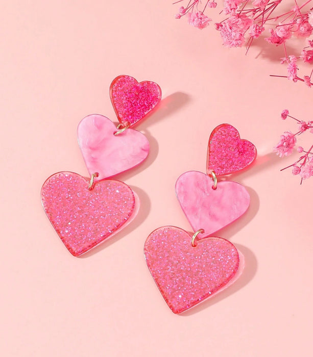 Glitter Pink Acrylic Earrings With Three Layer Heart Design