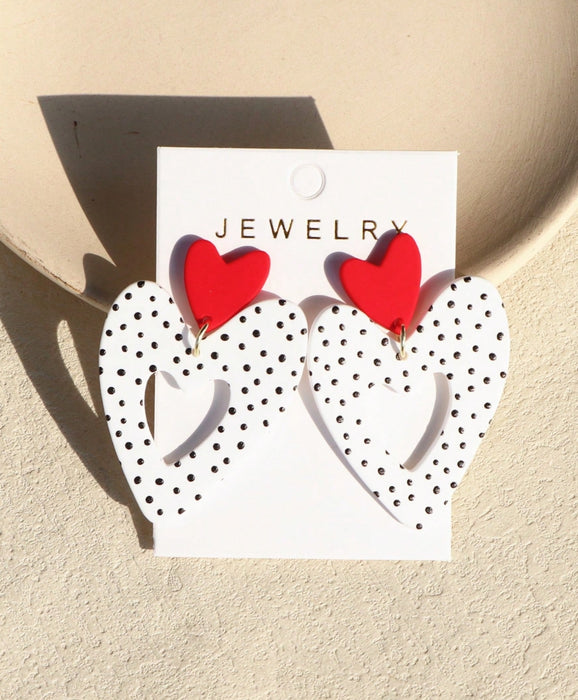 Dotted Print Ceramic Texture Hollow Big Heart Earrings