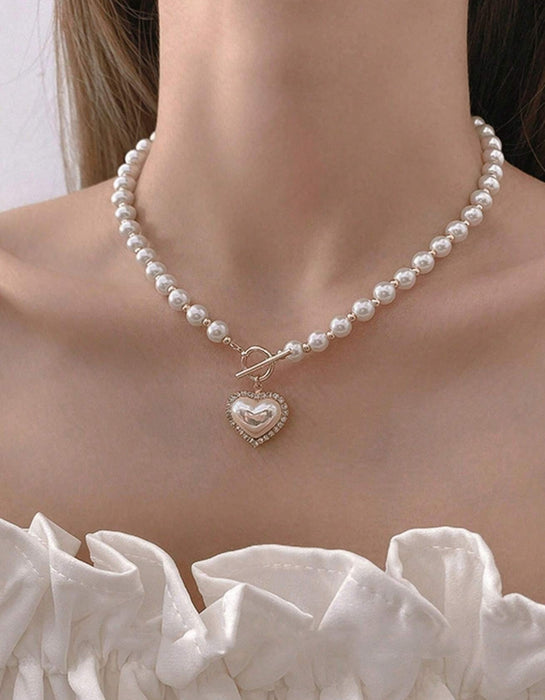 Heart Faux Pearl OT Clasp Necklace