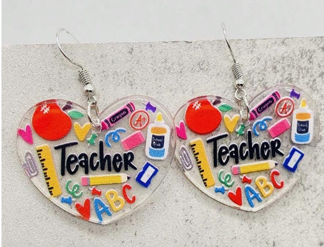 Teacher heart acrylic earrings