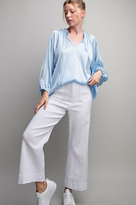 TIE FRONT V-NECK BLOUSE TOP/PERIWINKLE