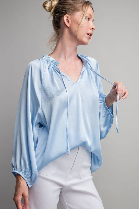 TIE FRONT V-NECK BLOUSE TOP/PERIWINKLE