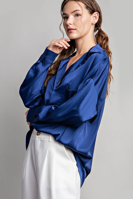 SATIN TAB COLLAR LONG SLEEVE TOP