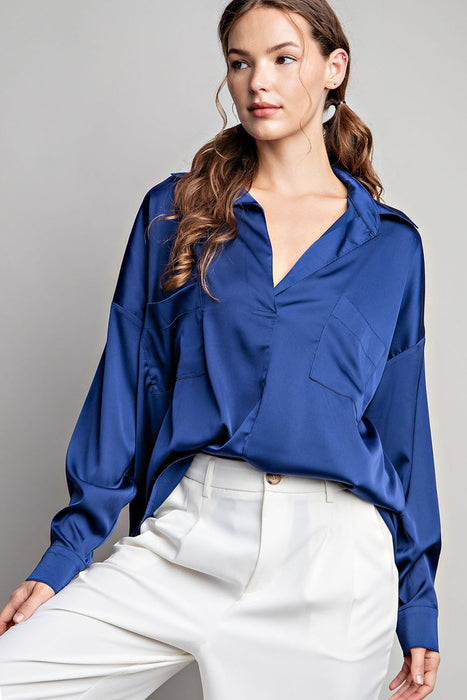 SATIN TAB COLLAR LONG SLEEVE TOP