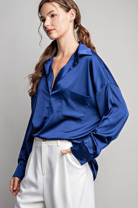 SATIN TAB COLLAR LONG SLEEVE TOP