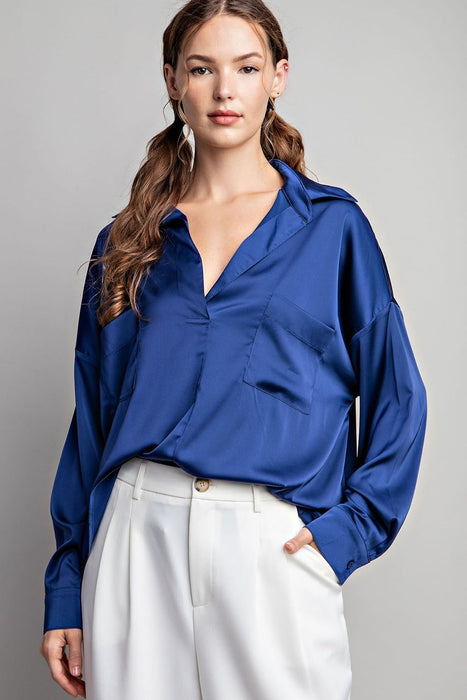 SATIN TAB COLLAR LONG SLEEVE TOP